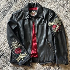 Genuine Leather Harley Davidson Rose Dagger / Embroidered Jacket Size Medium